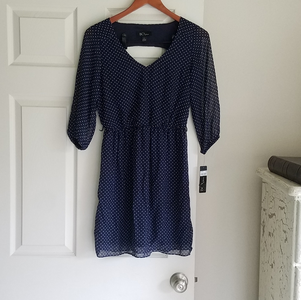 BCX Dress S New With Flaw Navy Blue Polka Dot